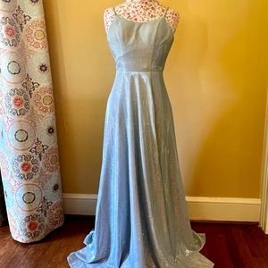 Size 0 dress, baby blue with a silver shimmer.
